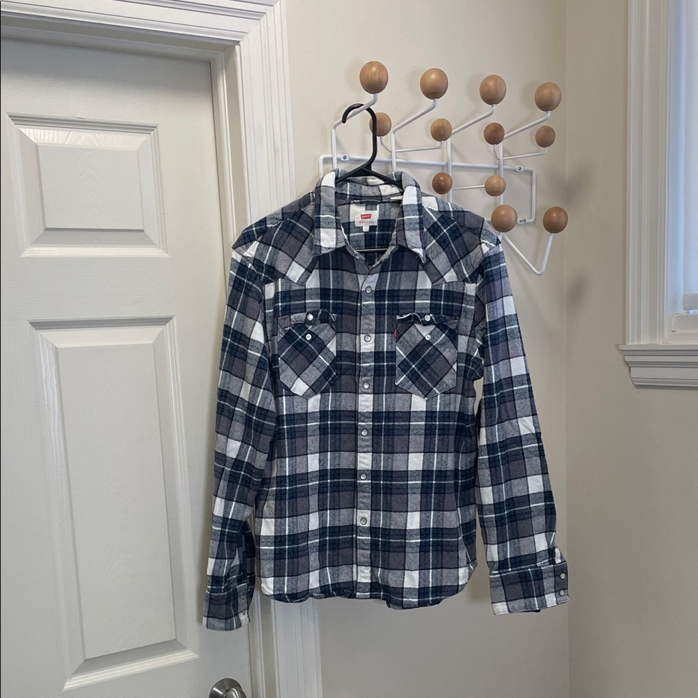 Levi's - Classic Western Style Pearl Snap Long Sleeve Plaid Button Down Blue - L